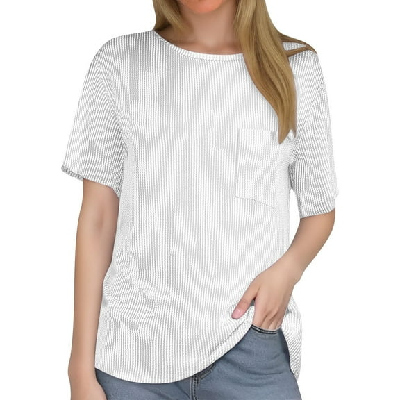DuoJiaJ Women's Summer Casual Stripe Short Sleeve Pocket T Shirt Women’s Crop Tops White