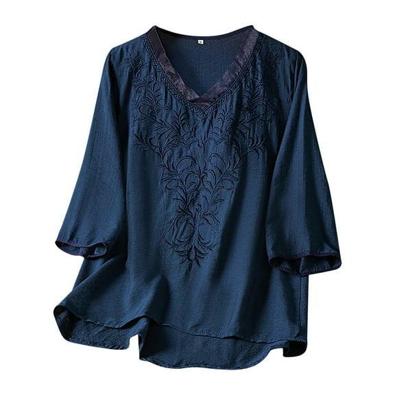 DuoJiaJ Women's Summer Chinese Embroidery Cardigan Top Retro Art Heavy Industry T Shirt Women’s Crop Tops Blue