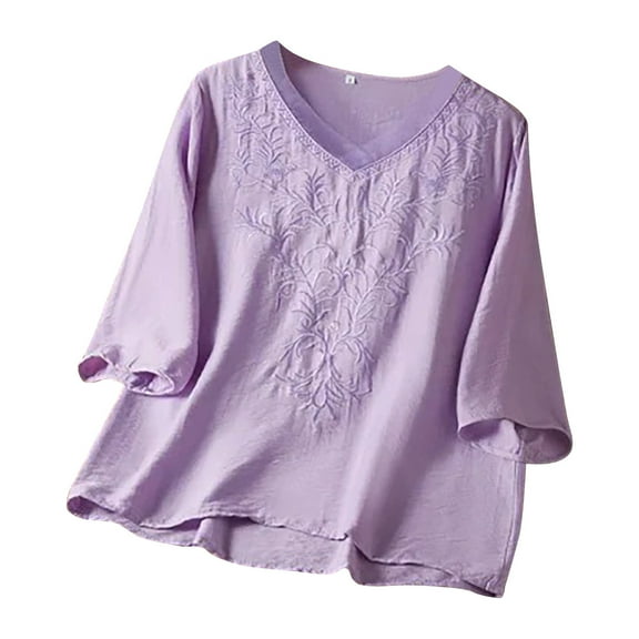 DuoJiaJ Women's Summer Chinese Embroidery Cardigan Top Retro Art Heavy Industry T Shirt Women’s Crop Tops Purple