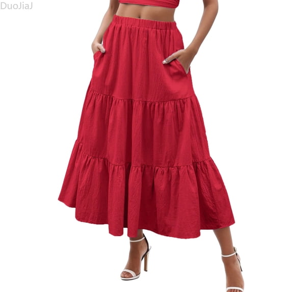 DuoJiaJ Women’s Summer Flowy Tiered A-Line Maxi Skirt 2026 Fashion Trendy Elastic Waist Pleated Long Beach Skirt Red XL