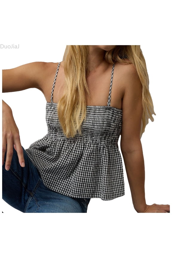 Women's Summer Plaid Tank Tops Spaghetti Strap Square Neck Flowy Ruffle Hem Gingham Shirt Top Ladies Tank Tops Black S