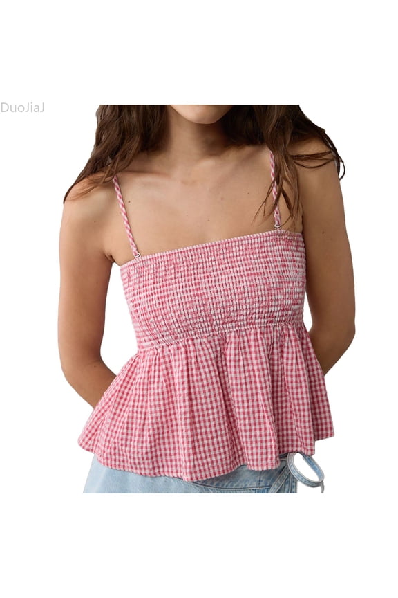 Women's Summer Plaid Tank Tops Spaghetti Strap Square Neck Flowy Ruffle Hem Gingham Shirt Top Ladies Tank Tops Red M