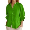 thumbnail image 1 of DuoJiaJ Women's Summer Shirt Fashion Elegant Top Linen Long Sleeve T Shirt V Neck Shirt Belted Waist Casual Loose Shirt With Buttons Women's Blouses Green XXXXL, 1 of 5
