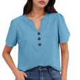 thumbnail image 1 of DuoJiaJ Women's Summer Short Sleeve Casual Shirt Solid Color T Shirt Stylish Lightweight Top Women’s Lace Trim Casual Blouses Blue, 1 of 5