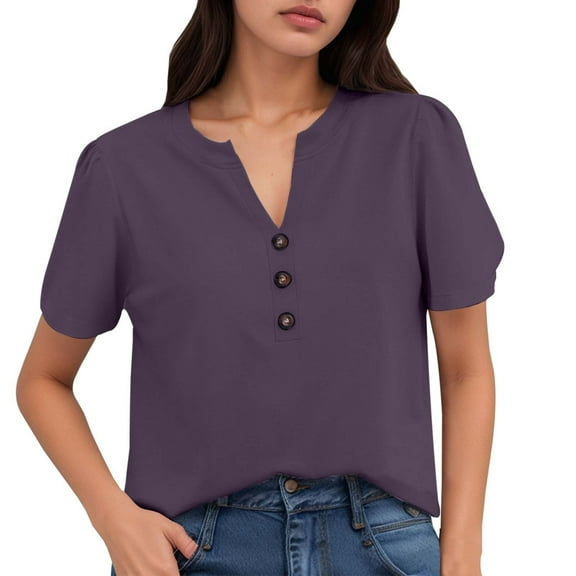 DuoJiaJ Women's Summer Short Sleeve Casual Shirt Solid Color T Shirt Stylish Lightweight Top Women’s Lace Trim Casual Blouses Purple