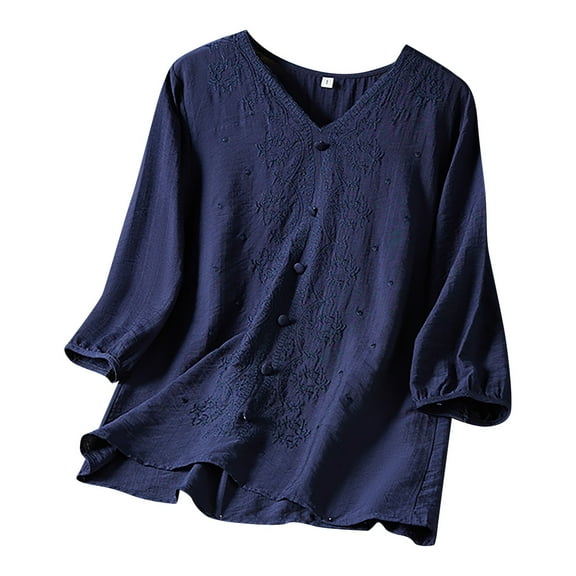 DuoJiaJ Women's Summer Solid Color Chinese Embroidery Top Retro Art Heavy Industry T Shirt Women’s Blouses Blue