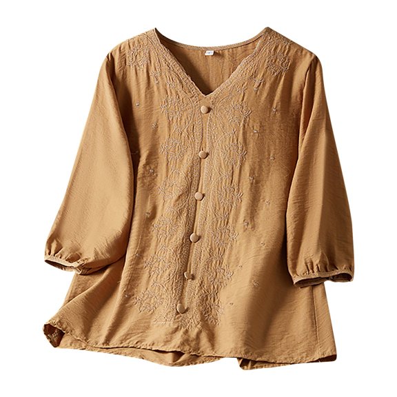 DuoJiaJ Women's Summer Solid Color Chinese Embroidery Top Retro Art Heavy Industry T Shirt Women’s Blouses Yellow