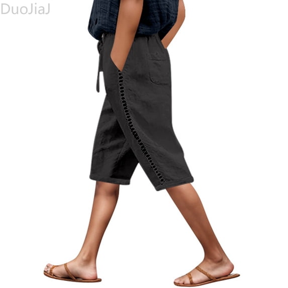 DuoJiaJ Women's Summer Solid Color Side Lace Hollow Lace Drawstring Pocket Casual Cropped Pants Women's Lounge Pants Gray XS