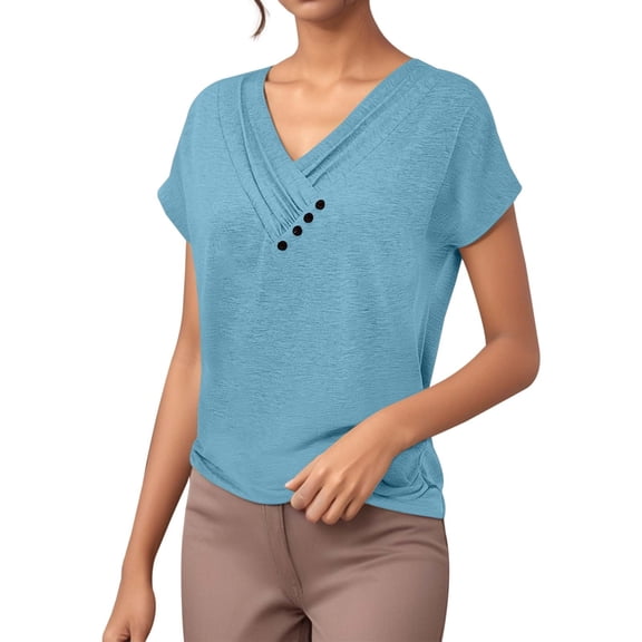 DuoJiaJ Women's Summer Solid Color V Neck Casual Short Sleeve T Shirt Women’s T-Shirts Blue