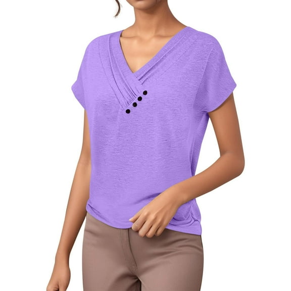 DuoJiaJ Women's Summer Solid Color V Neck Casual Short Sleeve T Shirt Women’s T-Shirts Purple