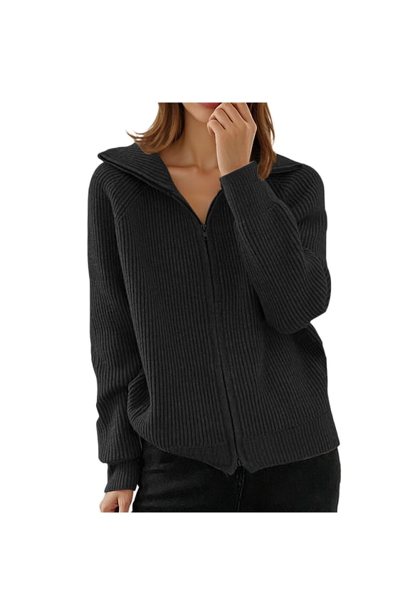 Women's Sweater Coat Casual Long Sleeve Knit Cardigan With Ribbed Texture Zip Up Open Front Loose Fit Fall Winter Fashion Outerwear Trendy Fall Fashion Women Black L