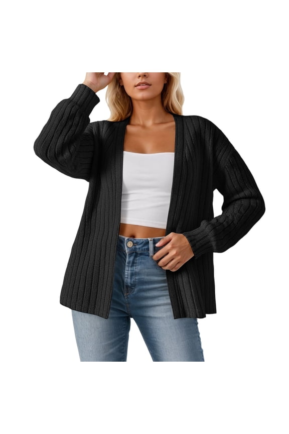 Women's Sweater Coat Everyday Cardigan For Fall And Winter Ribbed Microfiber Design Versatile Fashion Layering Piece Womens Jacket Black L