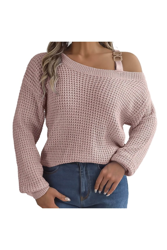 Women's Sweater Fashion Metal Buckle Strap Cold Shoulder Long Sleeves Knit Sweaters Pullover Knitwear Tops Crewneck Sweater Women Pink S