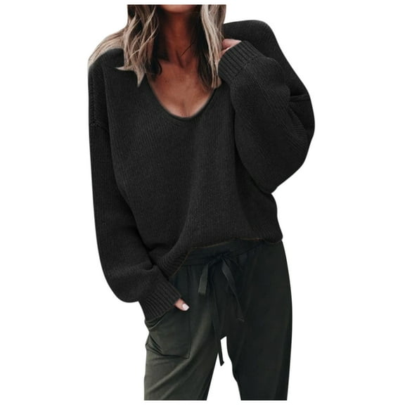 DuoJiaJ Women's Sweater V Neck Fall Sweater Puff Sleeve Loose Lightweight Casual Trendy Pullover Knit Winter Tops Black XL