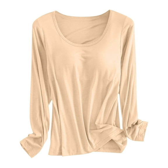 DuoJiaJ Women 's T Shirt Bra Long Sleeve Pajama Yoga Top Padded Casual Top Tee Beige XXXL