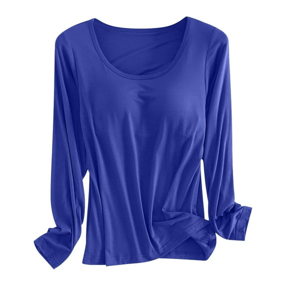 DuoJiaJ Women 's T Shirt Bra Long Sleeve Pajama Yoga Top Padded Casual Top Tee Blue L