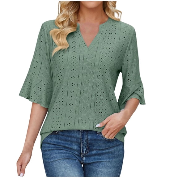 DuoJiaJ Women's T Shirt Solid Color Quarter Sleeved Loose T Shirt Casual Top For Women Women’s V-Neck Tops Green