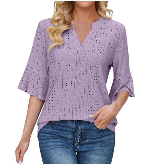 DuoJiaJ Women's T Shirt Solid Color Quarter Sleeved Loose T Shirt Casual Top For Women Women’s V-Neck Tops Purple