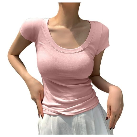 DuoJiaJ Women's T Shirts Short Sleeve Scoop Neck Basic Going Out Tops Fashion Slim Fit Tee Cloud Pro Collection Thermal Underwear Women Plus Size Warm Winter Pink L