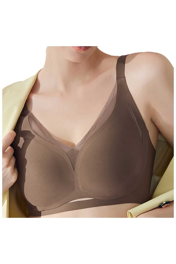 Women's Traceless Thin Lace Fixed Cup Retraction Pair Run Cup Push Up Expansion Bra Wireless Bras Brown