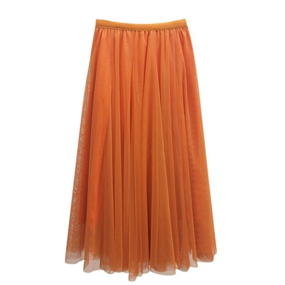 DuoJiaJ Women's Tulle Skirts A-Line Mesh Pleated Elastic Skirts Solid Color Casual Skirt,Orange L