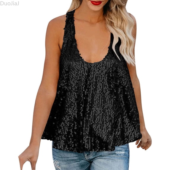 DuoJiaJ Women's U Neck Sequined Sleeveless Summer Casual Loose Versatile High End Women's Vest Camisole Women's Casual Vest Black XL