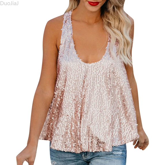 DuoJiaJ Women's U Neck Sequined Sleeveless Summer Casual Loose Versatile High End Women's Vest Camisole Women's Casual Vest Pink XL