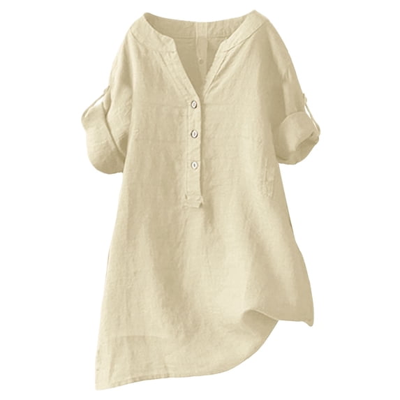 DuoJiaJ Women's V Neck Casual Shirt Summer Blouse Pure Color Top For Daily Wear With Jeans Or Pants Comfortable Breathable Fabric Women's Long Sleeve Shirts Beige M