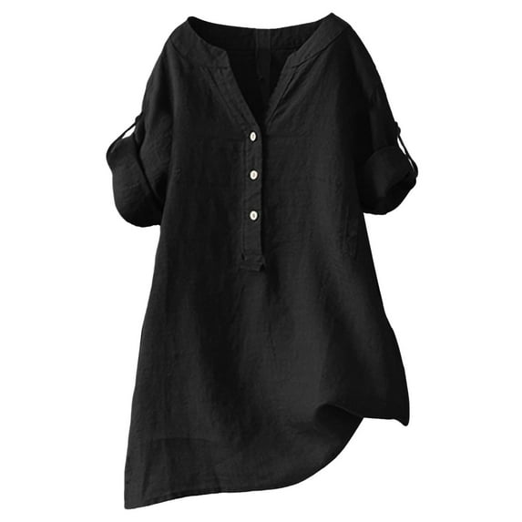 DuoJiaJ Women's V Neck Casual Shirt Summer Blouse Pure Color Top For Daily Wear With Jeans Or Pants Comfortable Breathable Fabric Women's Long Sleeve Shirts Black M