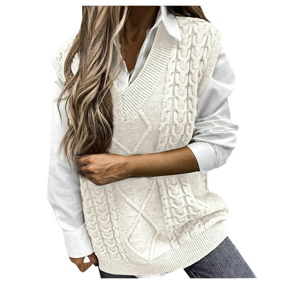 DuoJiaJ Women's V Neck Knit Sweater Vest Fall Houndstooth Sleeveless Pullover Knitwear Tank Tops 2025 Beige L