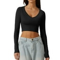 thumbnail image 1 of DuoJiaJ Women's V Neck Long Sleeve Slim Fitted Crop Tops Soft Layering Basic Shirt Black L, 1 of 4