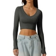 thumbnail image 1 of DuoJiaJ Women's V Neck Long Sleeve Slim Fitted Crop Tops Soft Layering Basic Shirt Gray L, 1 of 4