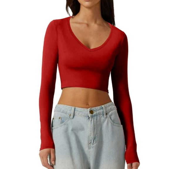 DuoJiaJ Women's V Neck Long Sleeve Slim Fitted Crop Tops Soft Layering Basic Shirt Red S