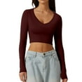 thumbnail image 1 of DuoJiaJ Women's V Neck Long Sleeve Slim Fitted Crop Tops Soft Layering Basic Shirt Red XL, 1 of 4