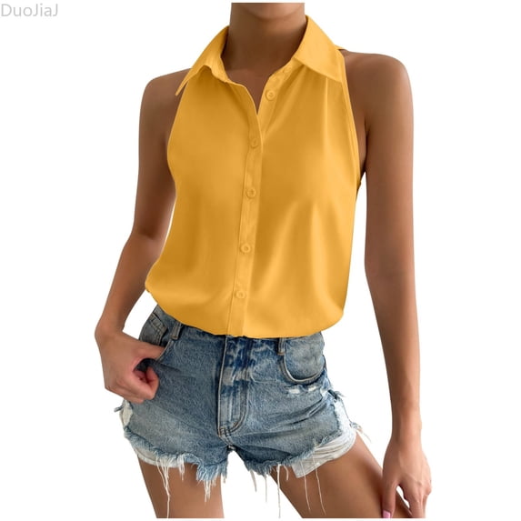 DuoJiaJ Women's V-Neck Sleeveless Shirt,Solid Color Button Down Casual Work Blouse,L
