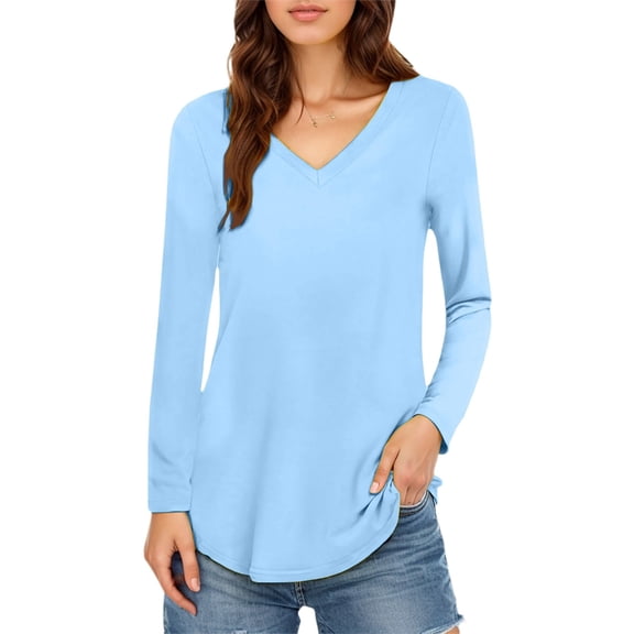 DuoJiaJ Women's V Neck Solid Color Long Sleeve T Shirt Linen Tops for Women Blue XXXXXXL