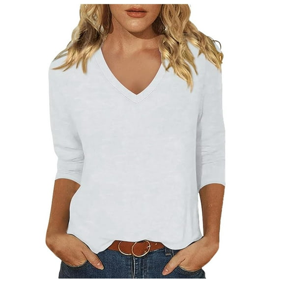 DuoJiaJ Women's V Neck Summer Fashionable Comfortable Casual Fit Seven Quarter Sleeved Top T Shirt Women’s Casual Tops White