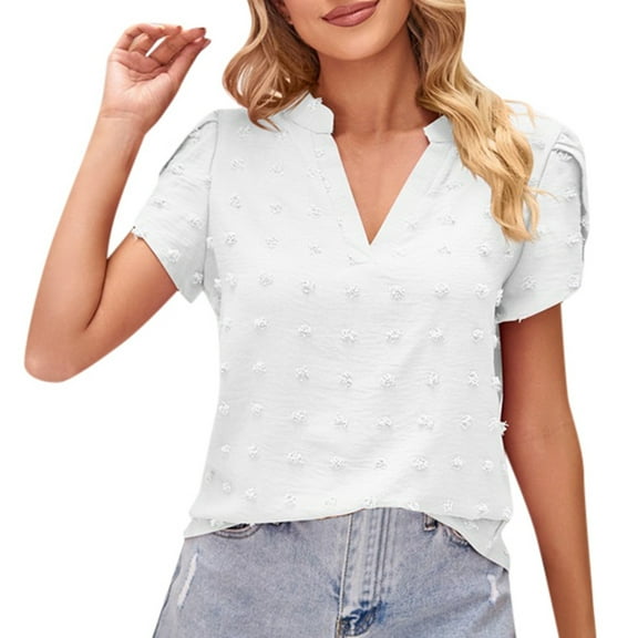 DuoJiaJ Women's V Neck T Shirt With Chiffon Pompom Detail Casual Summer Top Women’s Ribbed Knit Crop Tops White