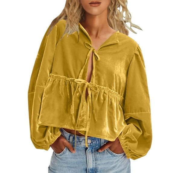 DuoJiaJ Women's Vintage Velvet Top Velvet Shirts Spring Tops Long Sleeve Loose Fit Casual Elegant Retro Velvet Blouses Women's Oversized Shirts Yellow L