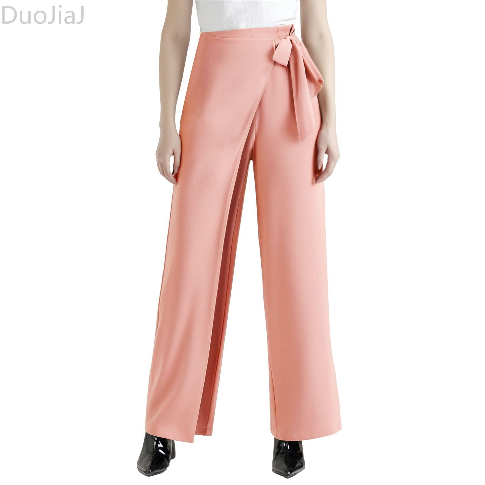 DuoJiaJ Women's Workplace Dress Pants Casual Texture Wide Leg Belt ...