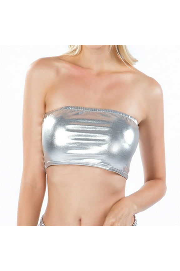 Women's Wrap Around Leather Solid Color Tube Top Shirt Performance Tops Wireless Bras Silver