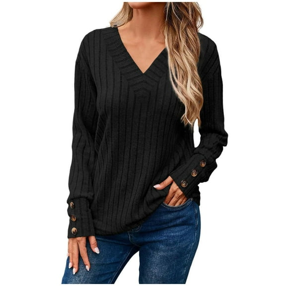 DuoJiaJ Womens 2025 Blouse Winter Fall Long Sleeve Tunic Tops Casual V Neck Button T-Shirts Black S