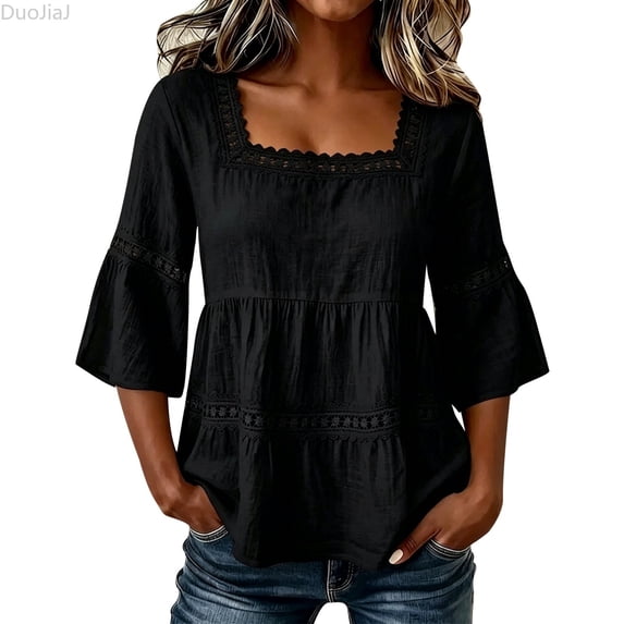 DuoJiaJ Womens 3/4 Sleeve Top, Square Neck with Lace Solid Summer Blouse Black L