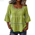 thumbnail image 1 of DuoJiaJ Womens 3/4 Sleeve Top, Square Neck with Lace Solid Summer Blouse Green M, 1 of 4