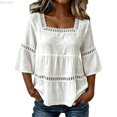 thumbnail image 1 of DuoJiaJ Womens 3/4 Sleeve Top, Square Neck with Lace Solid Summer Blouse White XL, 1 of 4