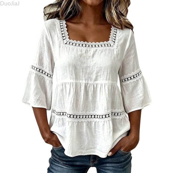 DuoJiaJ Womens 3/4 Sleeve Top, Square Neck with Lace Solid Summer Blouse White XL