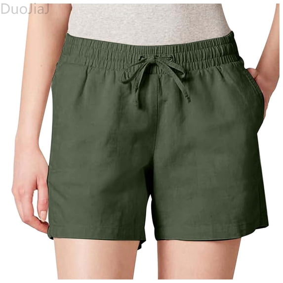 DuoJiaJ Womens 5 Inch Inseam Drawstring Linen Blend Short Women's Wide Leg Pants Green M