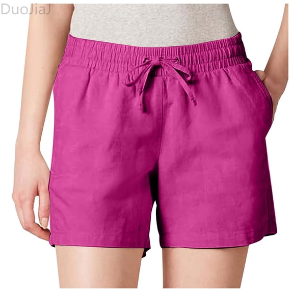 DuoJiaJ Womens 5 Inch Inseam Drawstring Linen Blend Short Women's Wide Leg Pants Pink L