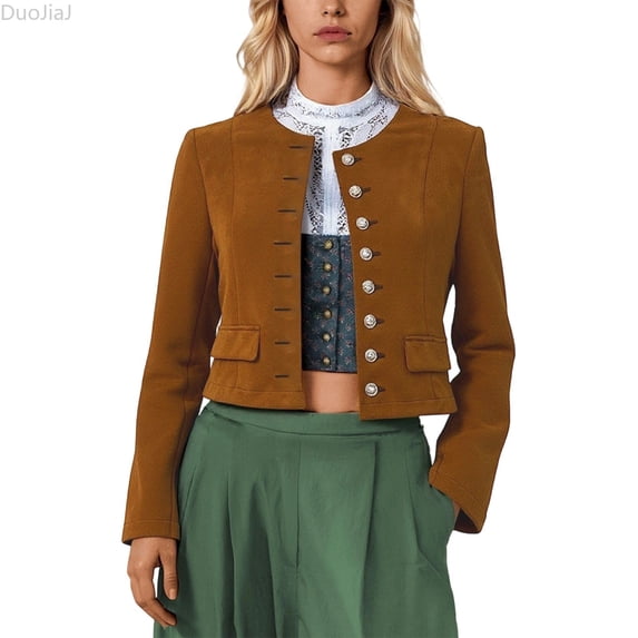 DuoJiaJ Womens Festival Jacket, Elegant Round Neck Short Coat for Party Wear Brown S