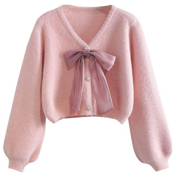 DuoJiaJ Womens Bow Sweater Cropped V Neck Long Sleeve Fall Cozy Knit Loose Trendy Pullover Sweaters Pink One Size